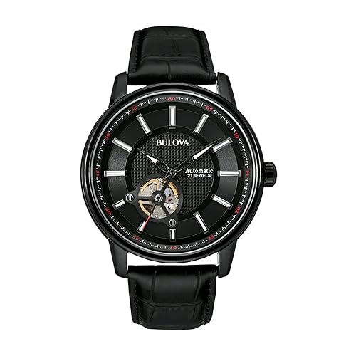 Bulova Men's Classic 3-Hand Automatic Leather Strap Watch, 21-Jewels, Hack Feature, Luminous Hands and Markers,Open Aperture and Exhibition Case Back