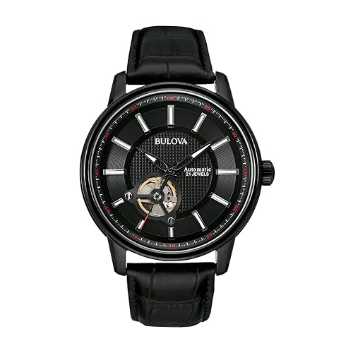 Bulova Men's Classic 3-Hand Automatic Leather Strap Watch, 21-Jewels, Hack Feature, Luminous Hands and Markers,Open Aperture and Exhibition Case Back