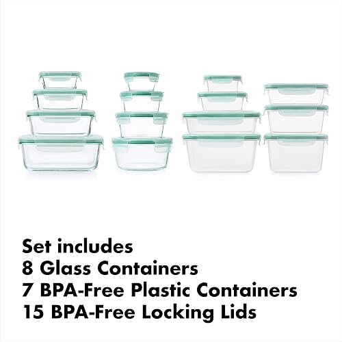OXO Good Grips 30-Piece Plastic and Glass Food Storage Container Set - Teal | Assorted Sizes, Airtight Food Storage Containers, Ideal for Leftovers & Meal Prep, Microwave, Freezer & Dishwasher Safe