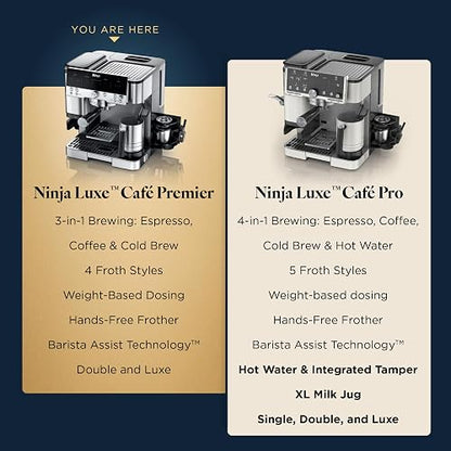Ninja Luxe Café Premier 3-in-1 Espresso Machine, Drip Coffee, & Cold Brew | Built-in Grinder, Hands-Free Milk Frother, and Assisted Tamper for Cappuccinos & Lattes, Stainless Steel, ES601