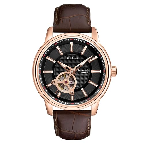 Bulova Men's Classic 3-Hand Automatic Leather Strap Watch, 21-Jewels, Hack Feature, Luminous Hands and Markers,Open Aperture and Exhibition Case Back
