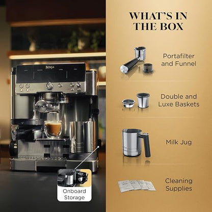 Ninja Luxe Café Premier 3-in-1 Espresso Machine, Drip Coffee, & Cold Brew | Built-in Grinder, Hands-Free Milk Frother, and Assisted Tamper for Cappuccinos & Lattes, Stainless Steel, ES601