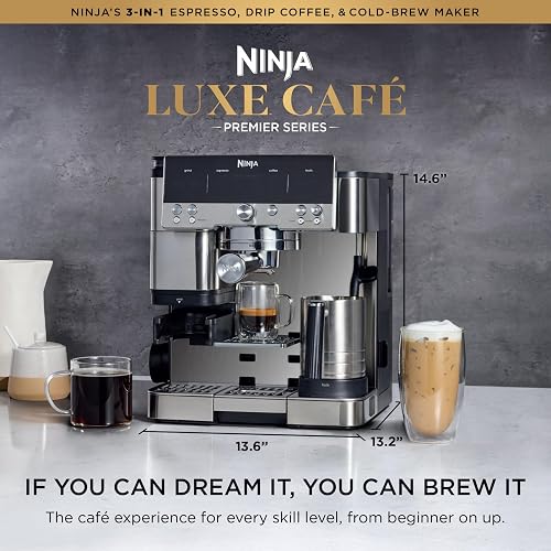 Ninja Luxe Café Premier 3-in-1 Espresso Machine, Drip Coffee, & Cold Brew | Built-in Grinder, Hands-Free Milk Frother, and Assisted Tamper for Cappuccinos & Lattes, Stainless Steel, ES601
