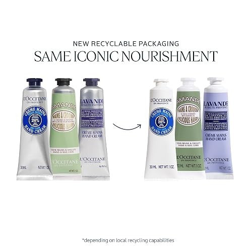 L'Occitane Hand Cream Classics 3-Piece Gift Set, Travel-Sized, Vegan Care | Moisturizing trio nourishes dry hands, nails & cuticles, softening daily use, skincare, gift set, ritual, essential, minis