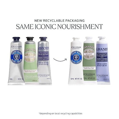 L'Occitane Hand Cream Classics 3-Piece Gift Set, Travel-Sized, Vegan Care | Moisturizing trio nourishes dry hands, nails & cuticles, softening daily use, skincare, gift set, ritual, essential, minis