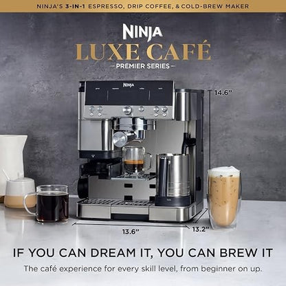 Ninja Luxe Café Premier 3-in-1 Espresso Machine, Drip Coffee, & Cold Brew | Built-in Grinder, Hands-Free Milk Frother, and Assisted Tamper for Cappuccinos & Lattes, Stainless Steel, ES601