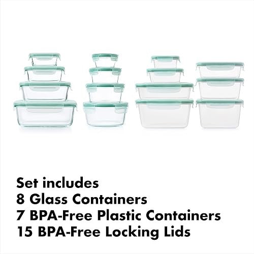 OXO Good Grips 30-Piece Plastic and Glass Food Storage Container Set - Teal | Assorted Sizes, Airtight Food Storage Containers, Ideal for Leftovers & Meal Prep, Microwave, Freezer & Dishwasher Safe