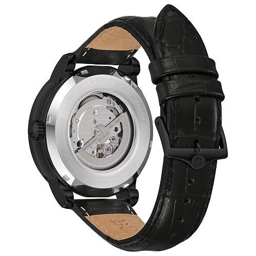 Bulova Men's Classic 3-Hand Automatic Leather Strap Watch, 21-Jewels, Hack Feature, Luminous Hands and Markers,Open Aperture and Exhibition Case Back