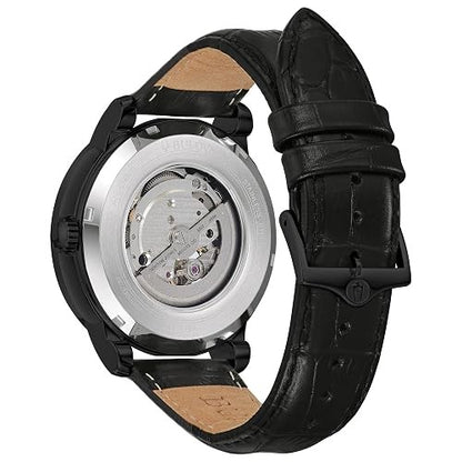 Bulova Men's Classic 3-Hand Automatic Leather Strap Watch, 21-Jewels, Hack Feature, Luminous Hands and Markers,Open Aperture and Exhibition Case Back