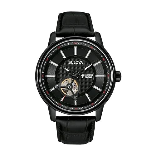 Bulova Men's Classic 3-Hand Automatic Leather Strap Watch, 21-Jewels, Hack Feature, Luminous Hands and Markers,Open Aperture and Exhibition Case Back