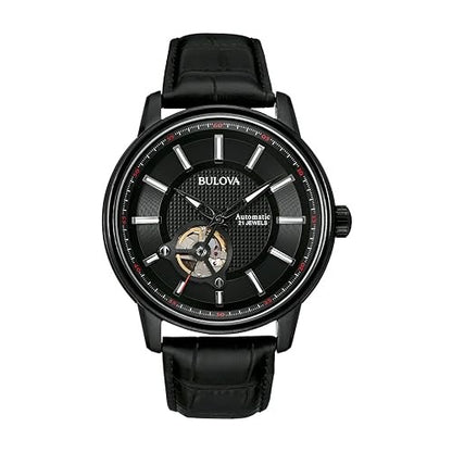 Bulova Men's Classic 3-Hand Automatic Leather Strap Watch, 21-Jewels, Hack Feature, Luminous Hands and Markers,Open Aperture and Exhibition Case Back
