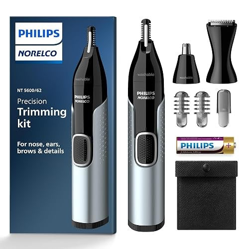 Norelco Philips Nose Trimmer 5000 for Nose, Ears, Eyebrows & Details | Protective Guard System, Dual-Sided Steel Blades, Eyebrow Combs, Rotary & Detail Trimmer, Washable, AA Battery, NT5600/62