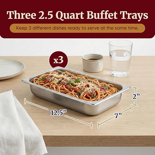 Elite Gourmet EWM-6171 Triple Buffet Server, 7.5 Qt, Stainless Steel | Adjustable Temperature Control, Clear Slotted Lids - Great for Parties, Entertaining, Holidays & Catering - 3 x 2.5 Qt Trays