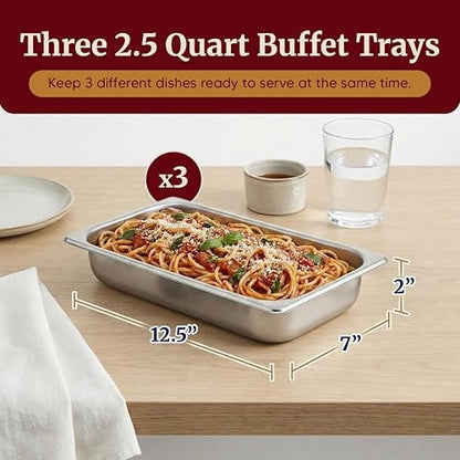 Elite Gourmet EWM-6171 Triple Buffet Server, 7.5 Qt, Stainless Steel | Adjustable Temperature Control, Clear Slotted Lids - Great for Parties, Entertaining, Holidays & Catering - 3 x 2.5 Qt Trays