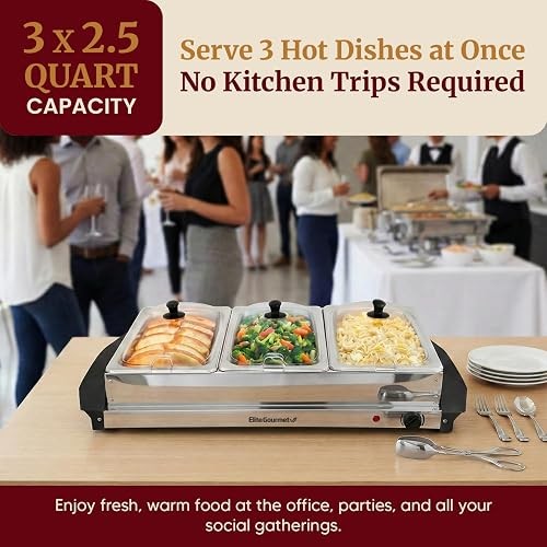 Elite Gourmet EWM-6171 Triple Buffet Server, 7.5 Qt, Stainless Steel | Adjustable Temperature Control, Clear Slotted Lids - Great for Parties, Entertaining, Holidays & Catering - 3 x 2.5 Qt Trays