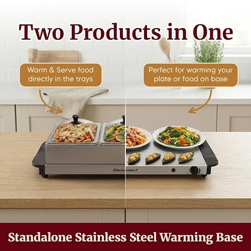 Elite Gourmet EWM-6171 Triple Buffet Server, 7.5 Qt, Stainless Steel | Adjustable Temperature Control, Clear Slotted Lids - Great for Parties, Entertaining, Holidays & Catering - 3 x 2.5 Qt Trays