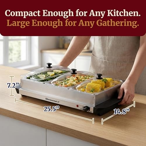 Elite Gourmet EWM-6171 Triple Buffet Server, 7.5 Qt, Stainless Steel | Adjustable Temperature Control, Clear Slotted Lids - Great for Parties, Entertaining, Holidays & Catering - 3 x 2.5 Qt Trays
