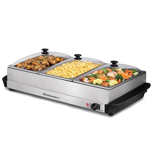 Elite Gourmet EWM-6171 Triple Buffet Server, 7.5 Qt, Stainless Steel | Adjustable Temperature Control, Clear Slotted Lids - Great for Parties, Entertaining, Holidays & Catering - 3 x 2.5 Qt Trays